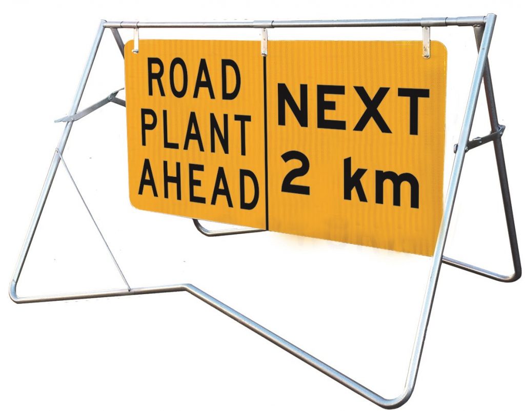 Road Plant Ahead Next 2km 1200x600 Mounted on swing stand